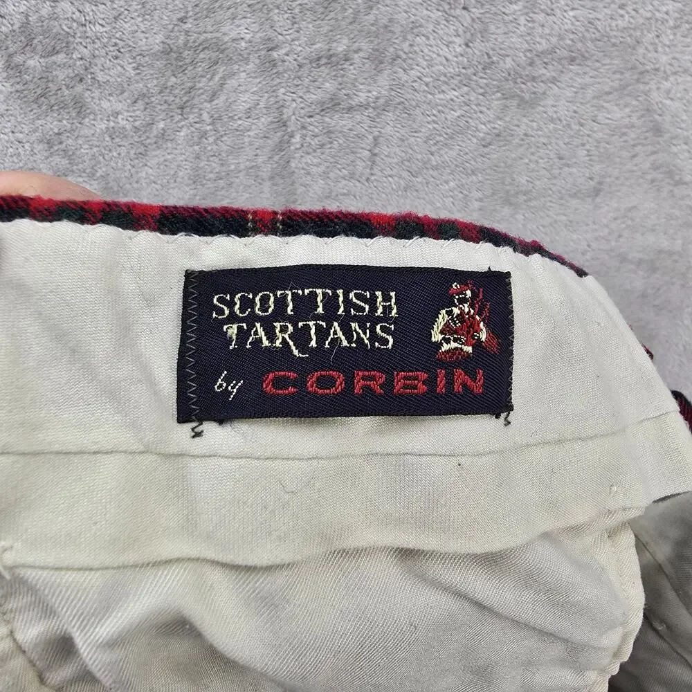 Vintage Scottish Tartan By Corbin Pants 34x27 Red Black Plaid Wool Trousers 70s